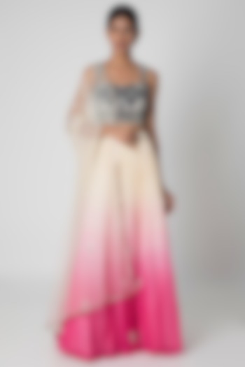 Off White To Pink Ombre Embroidered Lehenga Set by Sounia Gohil