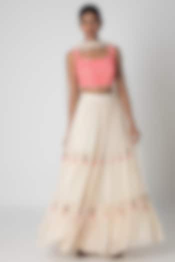 Off White & Fluorescent Pink Tiered Lehenga Set by Sounia Gohil