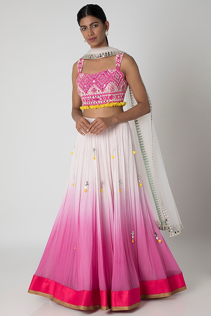 Baby Pink To Pink Ombre Embroidered Lehenga Set by Sounia Gohil