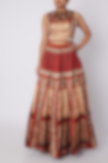 Red & Golden Embellished Top With Skirt by Sounia Gohil