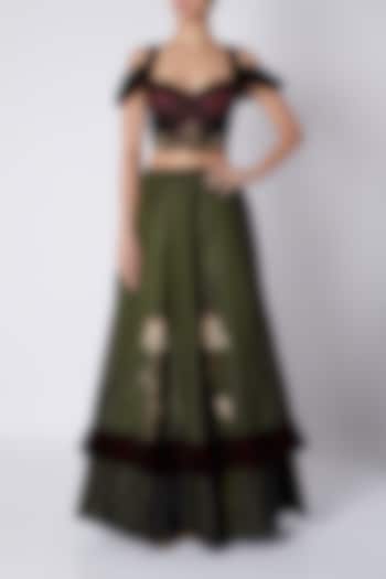 Maroon Embellished Blouse With Olive Green Skirt by Sounia Gohil