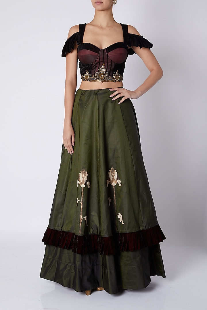 Maroon Embellished Blouse With Olive Green Skirt by Sounia Gohil