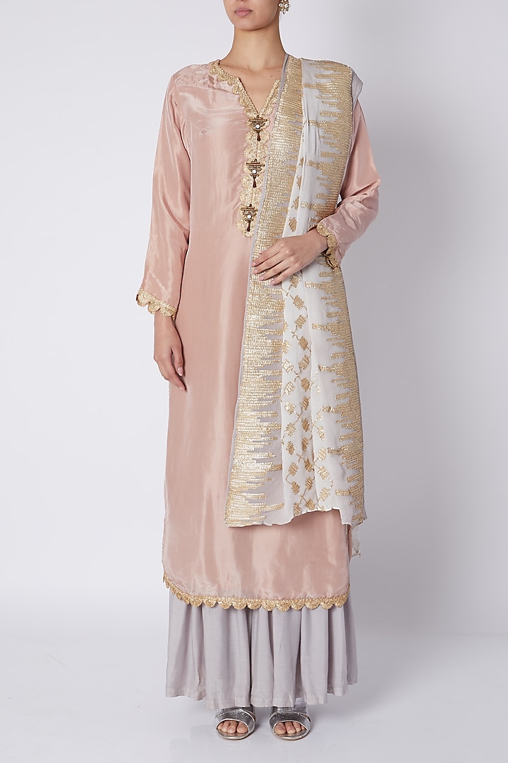 Pink & Grey Embellished Kurta Set by Sounia Gohil