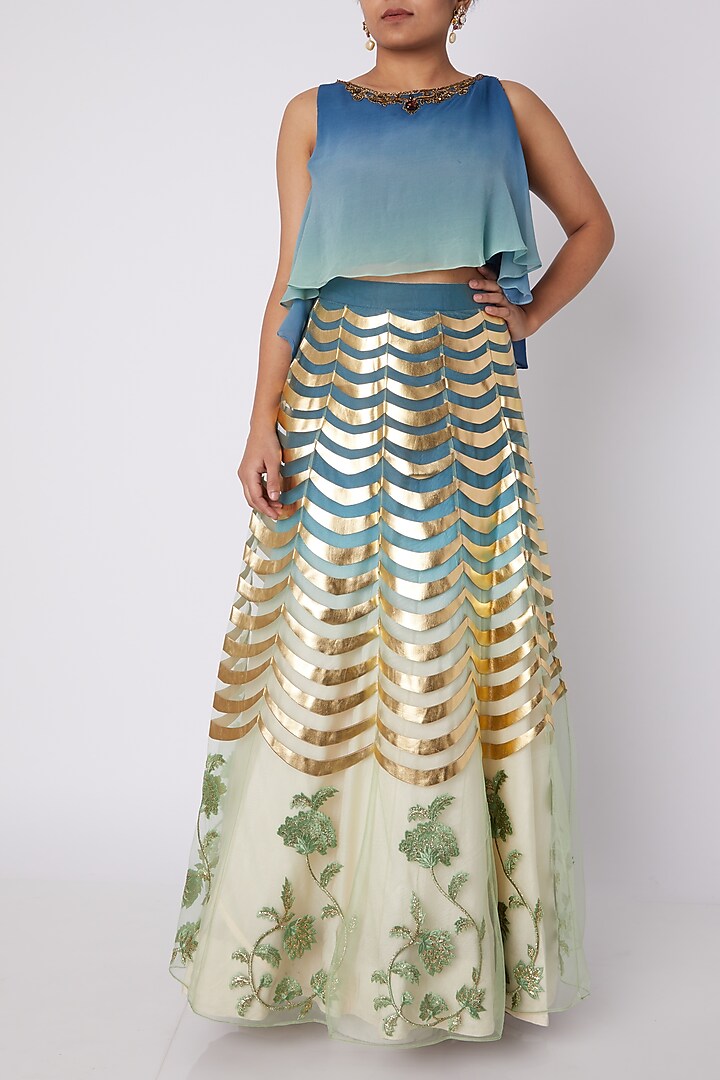 Sky Blue Embellished Ombre Skirt Set by Sounia Gohil
