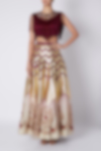 Maroon Embroidered Crop Top With Ombre Lehenga by Sounia Gohil