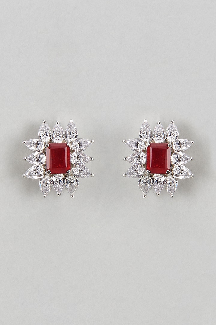 White Finish Zircon & Ruby Stone Stud Earrings by GN SPARKLE at Pernia's Pop Up Shop