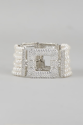 White Finish CZ Diamond & Pearl Bracelet In Sterling Silver by GN SPARKLE