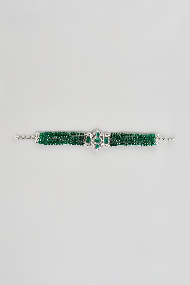 White Finish CZ Diamond & Emerald Stone Beaded Bracelet In Sterling Silver by GN SPARKLE