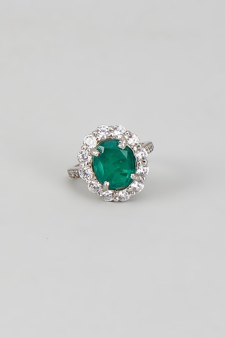 White Finish CZ Diamond & Emerald Stone Ring In Sterling Silver by GN SPARKLE