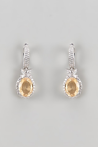 White Finish CZ Diamond & Champagne Stone Dangler Earrings In Sterling Silver by GN SPARKLE
