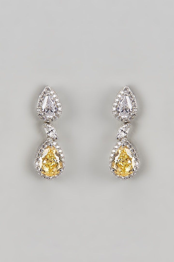 White Finish CZ Diamond & Yellow Stone Dangler Earrings In Sterling Silver by GN SPARKLE