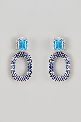 White Finish CZ Diamond & Aqua Stone Dangler Earrings In Sterling Silver by GN SPARKLE