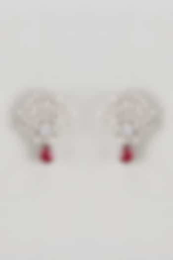 White Finish CZ Diamond & Red Stone Stud Earrings In Sterling Silver by GN SPARKLE