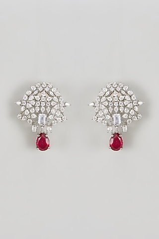 White Finish CZ Diamond & Red Stone Stud Earrings In Sterling Silver by GN SPARKLE