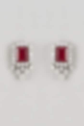 White Finish CZ Diamond & Ruby Stone Stud Earrings In Sterling Silver by GN SPARKLE