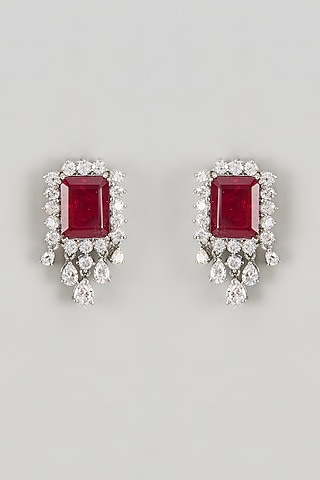 White Finish CZ Diamond & Ruby Stone Stud Earrings In Sterling Silver by GN SPARKLE
