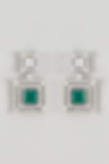 White Finish CZ Diamond & Emerald Stone Dangler Earrings In Sterling Silver by GN SPARKLE
