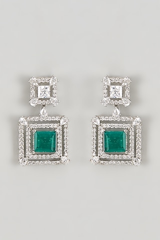 White Finish CZ Diamond & Emerald Stone Dangler Earrings In Sterling Silver by GN SPARKLE