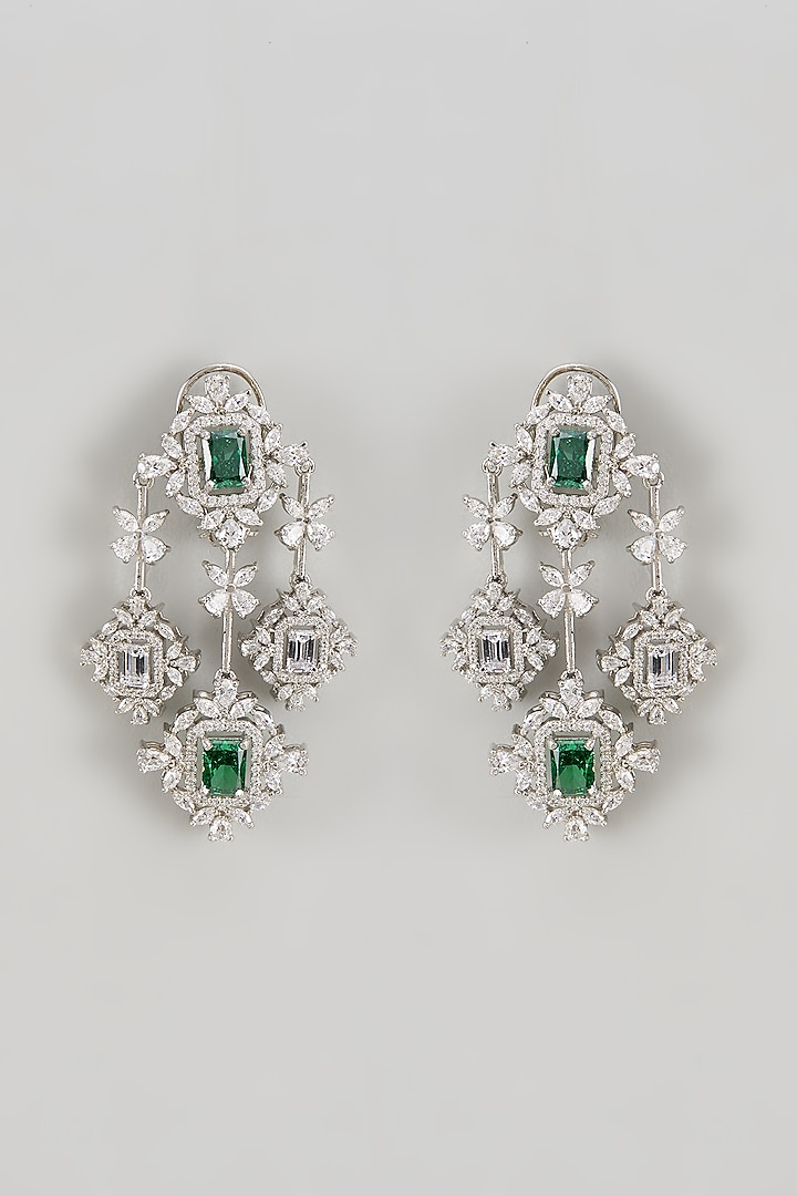 White Finish CZ Diamond & Emerald Stone Dangler Earrings In Sterling Silver by GN SPARKLE