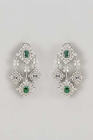 White Finish CZ Diamond & Emerald Stone Dangler Earrings In Sterling Silver by GN SPARKLE