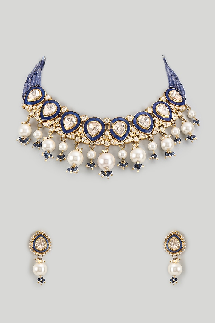 Gold Finish CZ Diamond & Kundan Polki Choker Necklace Set In Sterling Silver by GN SPARKLE