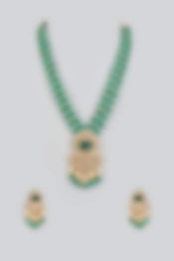 Black Rhodium Finish CZ Diamond & Green Kundan Polki Long Necklace Set In Sterling Silver by GN SPARKLE