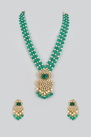 Black Rhodium Finish CZ Diamond & Green Kundan Polki Long Necklace Set In Sterling Silver by GN SPARKLE