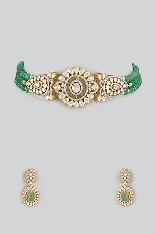 Gold Finish CZ Diamond & Green Kundan Polki Choker Necklace Set In Sterling Silver by GN SPARKLE