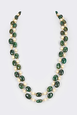 Green Emerald & Yellow Shell Pearl Layered Mala by IndieBlingz Men