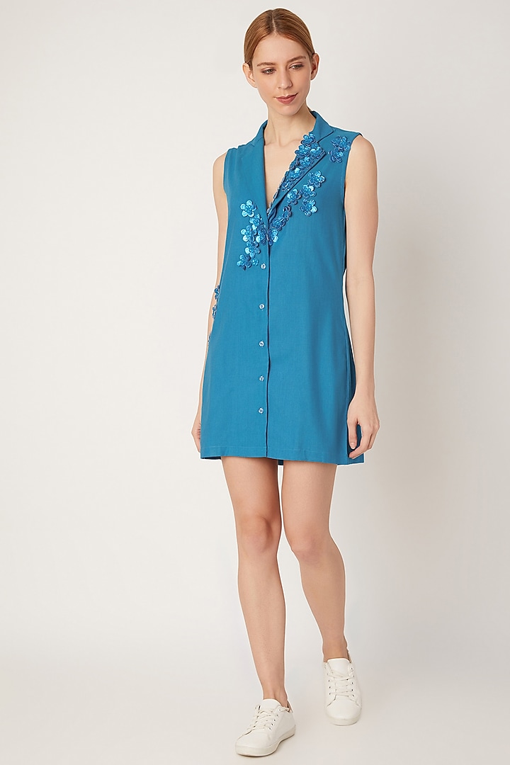 Turquoise Blue Embroidered Shirt Dress by Gunu Sahni