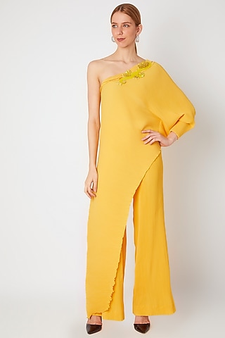 Yellow One Shoulder Top With Pants by Gunu Sahni