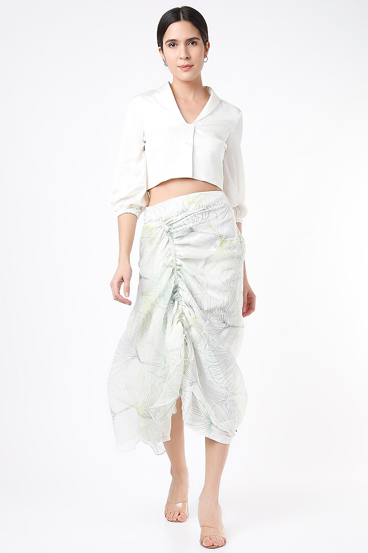 White Organza Ruched Skirt Set by Gunu Sahni