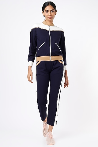 Dark Navy Blue & White Ponte Jersey Tracksuit by Gunu Sahni