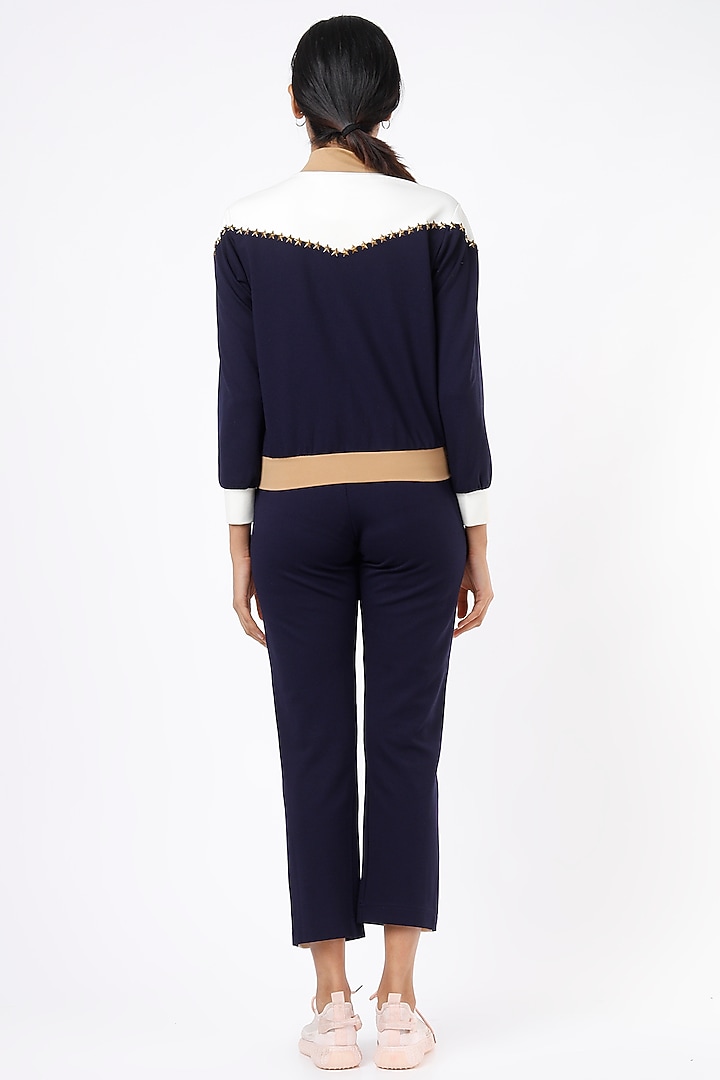 Dark Navy Blue & White Ponte Jersey Tracksuit by Gunu Sahni at Pernia's Pop Up Shop