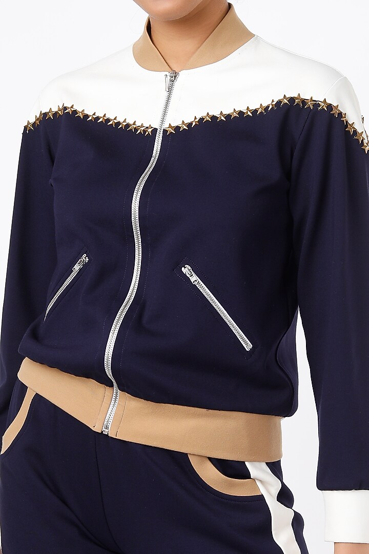 Dark Navy Blue & White Ponte Jersey Tracksuit by Gunu Sahni at Pernia's Pop Up Shop