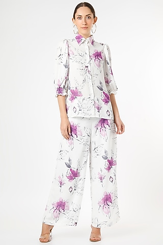 White Floral Printed Co-Ord Set by Gunu Sahni