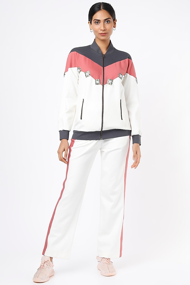 White & Geranium Pink Ponte Jersey Tracksuit by Gunu Sahni