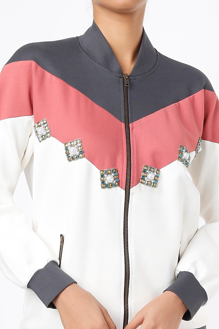 White & Geranium Pink Ponte Jersey Tracksuit by Gunu Sahni at Pernia's Pop Up Shop