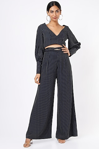 Charcoal Black & White Pinstriped Palazzo Pant Set by Gunu Sahni