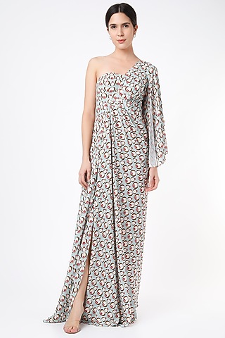Sea Green Printed One-Shoulder Dress by Gunu Sahni