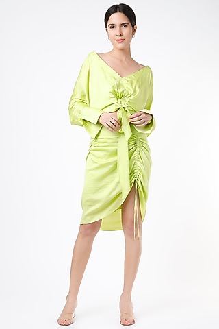 Lime Imported Crepe Ruched Skirt Set by Gunu Sahni