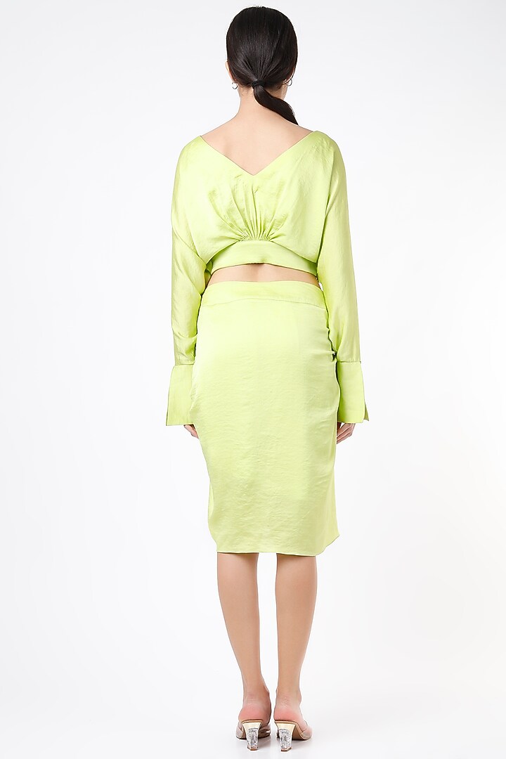 Lime Imported Crepe Ruched Skirt Set by Gunu Sahni at Pernia's Pop Up Shop