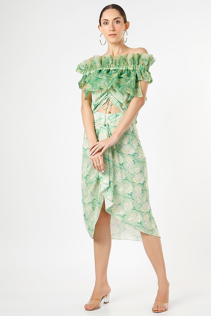 Candy Green Floral Printed Draped Skirt Set by Gunu Sahni