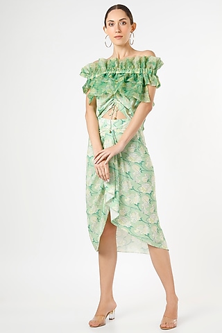 Candy Green Floral Printed Draped Skirt Set by Gunu Sahni