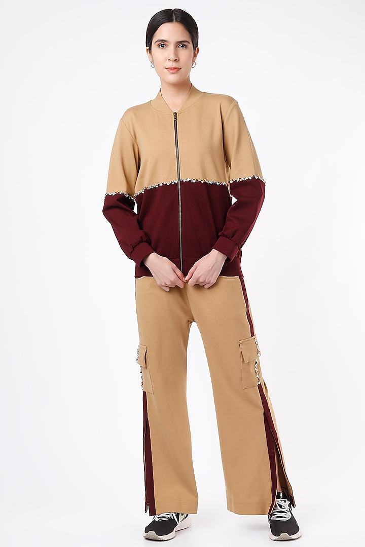 Beige & Wine Ponte Jersey Tracksuit by Gunu Sahni