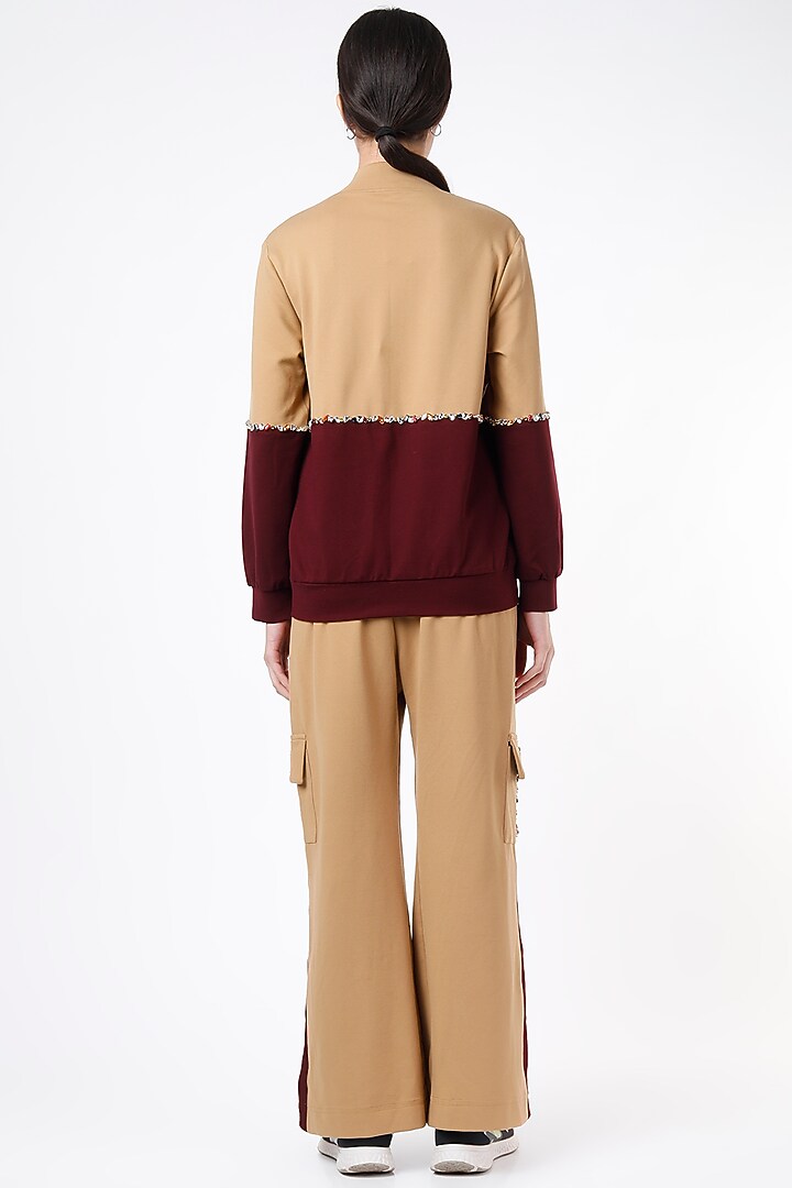 Beige & Wine Ponte Jersey Tracksuit by Gunu Sahni at Pernia's Pop Up Shop