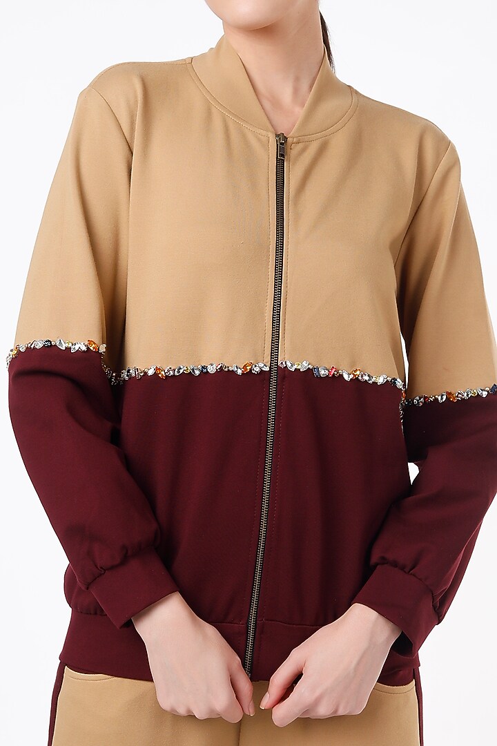 Beige & Wine Ponte Jersey Tracksuit by Gunu Sahni at Pernia's Pop Up Shop