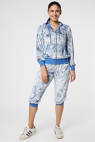 Cobalt Blue & Grey Velvet Tracksuit by Gunu Sahni