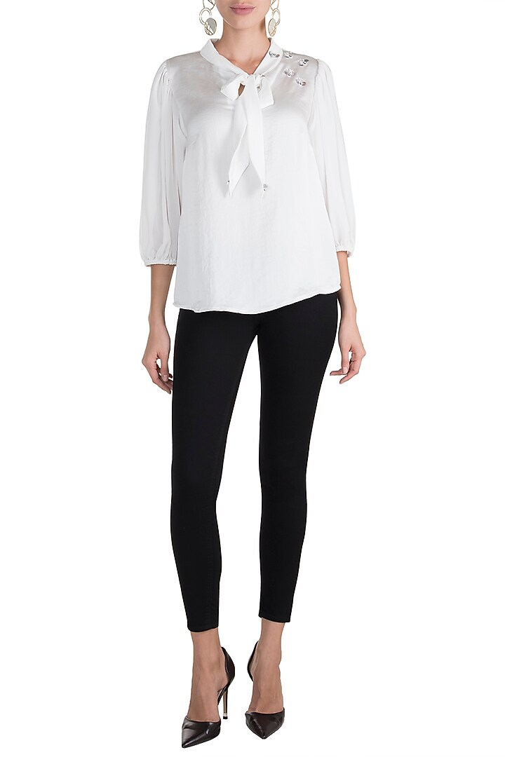White Embellished Knotted Top by Gunu Sahni at Pernia's Pop Up Shop