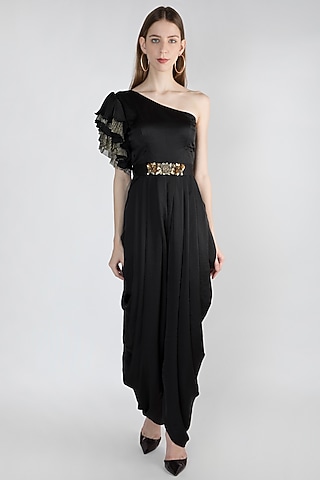 Black Embroidered Jumpsuit With Detailed Belt by Gunu Sahni